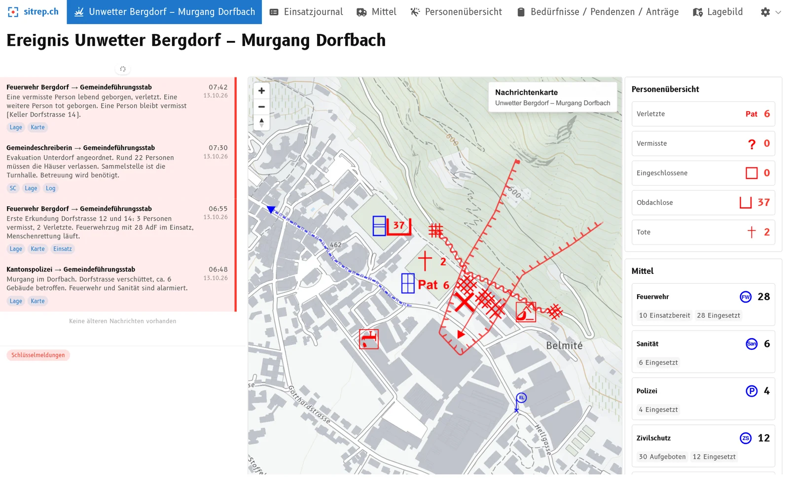 Dashboard mit aktuellen Meldungen, Nachrichtenkarte, Personenübersicht und Mitteln
