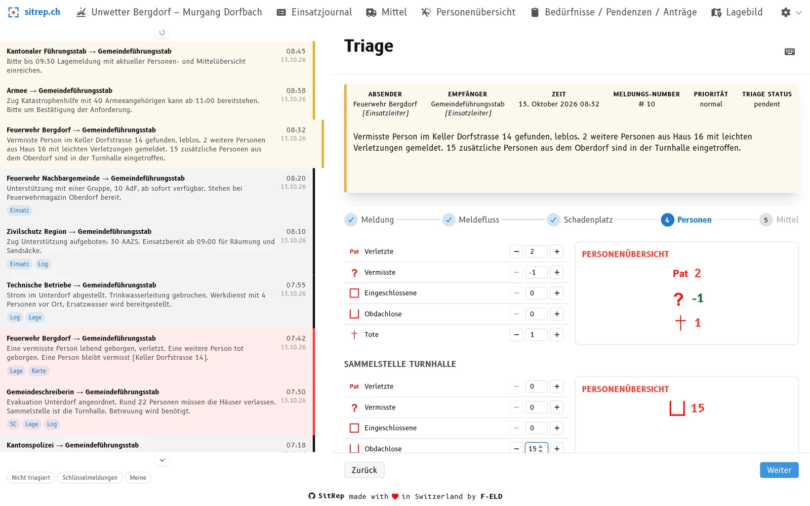 Triage: Personen erfassen, mit Vorschau der Personenübersicht